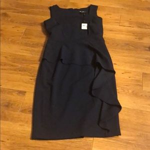 DKNY Navy asymmetrical neckline ruffle dress